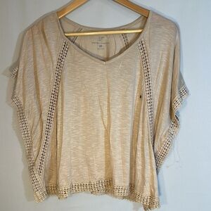 New York & Company Blouse Top Knit Crochet Lace Trim Tan Size M Tunic Kimono